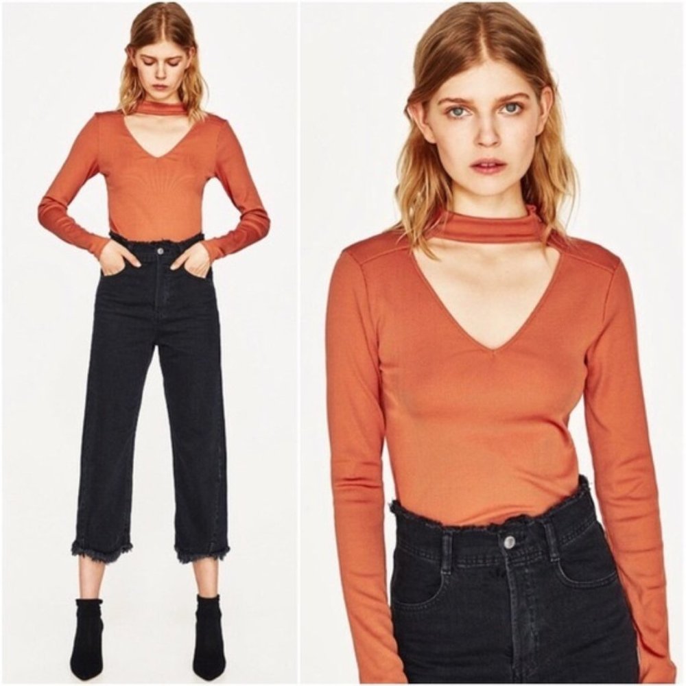 Zara Orange Ribbed V-Neck Choker Top